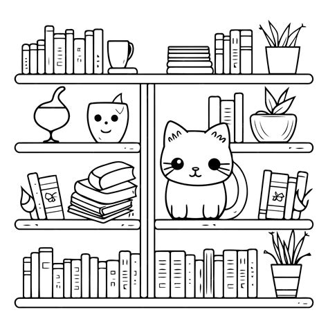 Милая кошка на книжной полке Черно-белая векторная иллюстрация ...