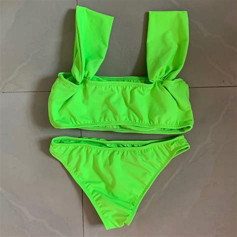 Neon Green Two Piece Swimsuit Bikini Women S Fashion Swimwear Bikinis Swimsuits On Carousell