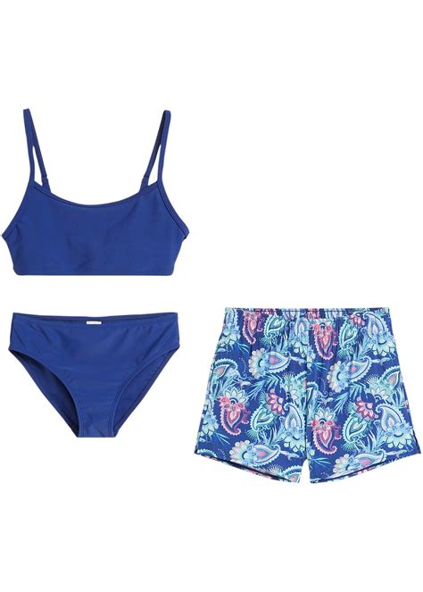 Leuke Bikini Met Een Bijpassende Zwemshort Donkerblauw Gedessineerd