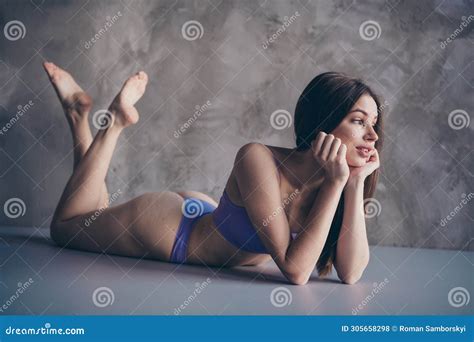 No Filter Photo Of Charming Dreamy Lady Lying Barefoot Comfort Lingerie
