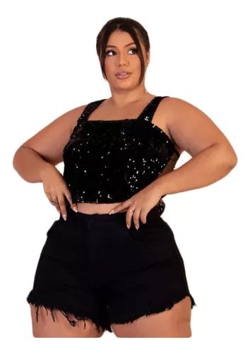 Short Jeans Plus Size Preto Liso Hot Pants Barra Desfiada MercadoLivre