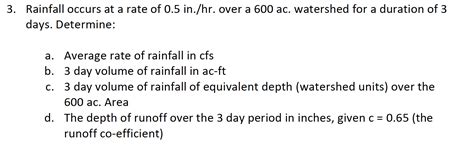 Solved 3 Rainfall Occurs At A Rate Of 0 5 In Hr Over A