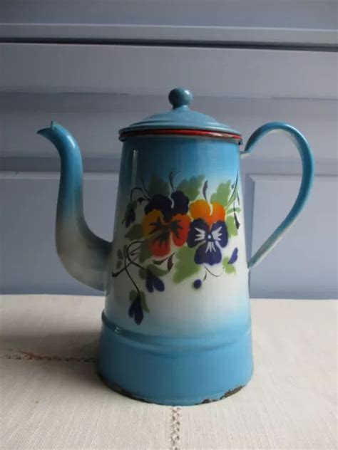 ANCIENNE CAFETIÈRE EMAILLÉE Décor floral Fleurs Pensées Collection JAPY