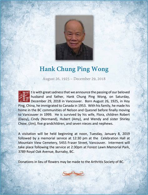 Obituary and Memorial Service Details for Po Man Wong 5