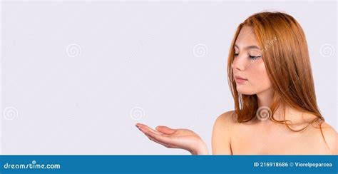 Banner Long Format Over Grey Background Red Haired Naked Girl Posing Showing Empty Hand For