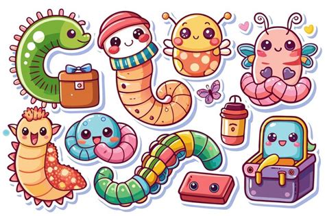 Cute Cartoon Worms With Accessories And A Butterfly Isolated On A White