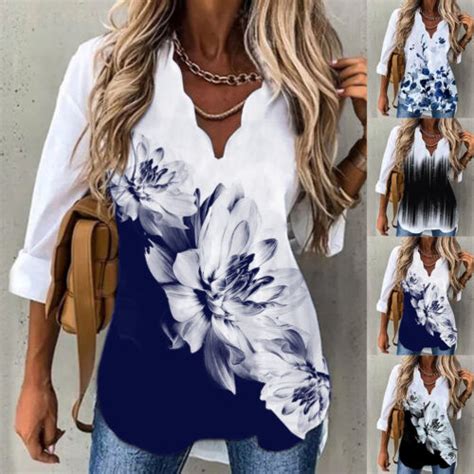 Womens Floral V Neck Shirt Tunic Tops Ladies Long Sleeve Casual Loose