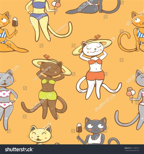 Summer Seamless Pattern Cats Bikini Cute Stock Vector Royalty Free 411490513 Shutterstock