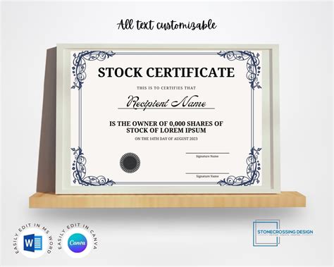 Editable Stock Certificate Template. Printable Certificate. Editable ...