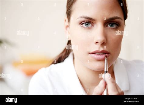 Young Woman Applying Lip Gloss Face Fresh Beautiful Model Adult