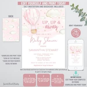 Hot Air Balloon Baby Shower Invitation Editable Hot Air Balloon Baby Shower Invitation Up Up