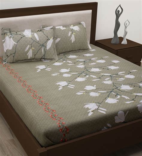 Buy Grey Floral 186 TC 100 Cotton King Sized Bed Sheets With 2 Pillow