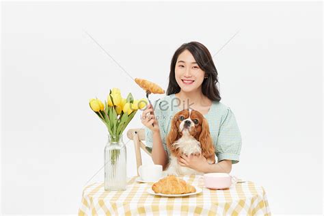Beautiful And Pet Dog Drinking Afternoon Tea Together Picture And Hd