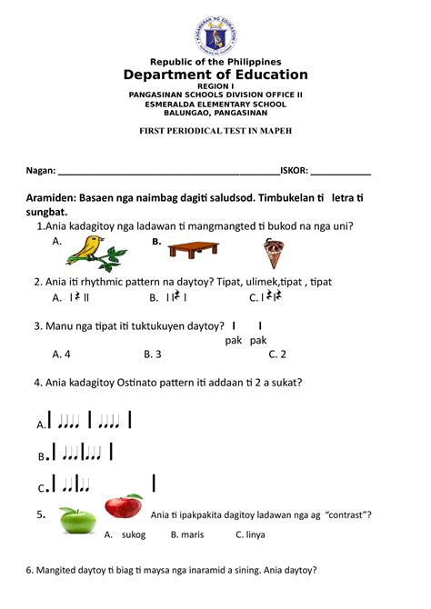 1st Periodical Test In Mapeh 2 Sy 2022 2023 Republic Of The