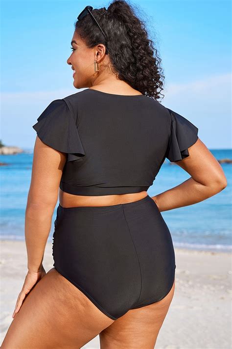 Black Flutter Sleeve Elegant Swim Bikini Top Meet Curve Meet Curve