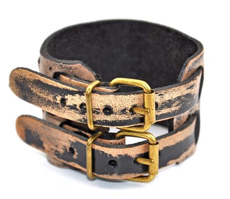Mens Genuine Leather Bracelet Wristband Double Buckle Bracelet Straps