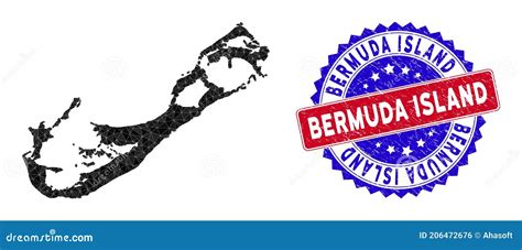 Bermuda Island Map Triangle Mesh And Scratched Bicolor Stamp Stock