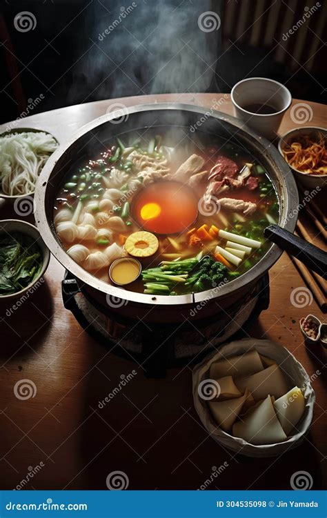 Chinese Noodle Hot Pot With Vegetables And Meat On Wooden Table Stock Illustration