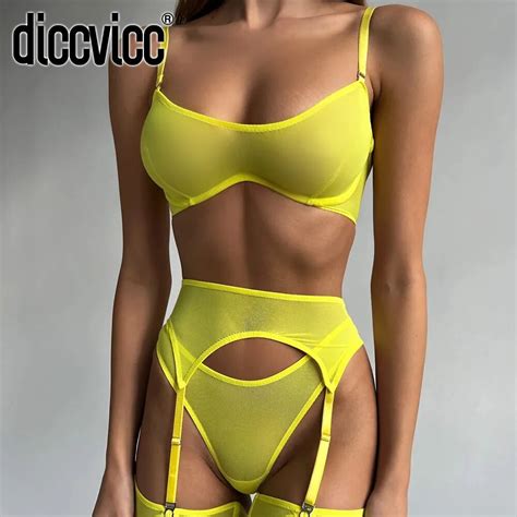 Jual Preorder Diccvicc Lingerie Sheer Mesh Neon Color Lace Bra Panty Set See Through Sexy Outfit