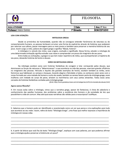 Atividade De Filosofia 6 Ano - Atividade de Filosofia - 6 Ano | PDF | Édipo | Mitologia grega