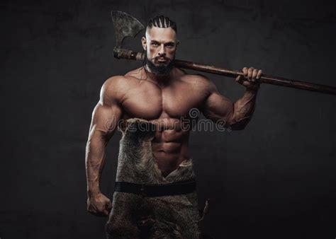 Viking With Huge Biceps And Naked Torso Posing With Axe Stock Photo Image Of Beard Hairstyle
