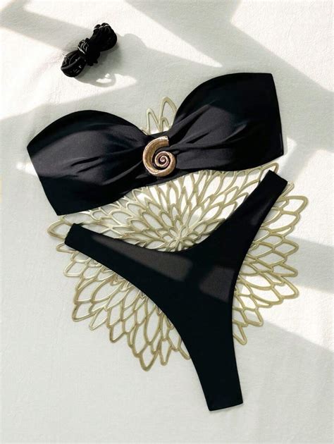 Shein Swim Vcay Summer Beach Vacation Metal Accessory Halter Top And Ruched Back Tie Bikini