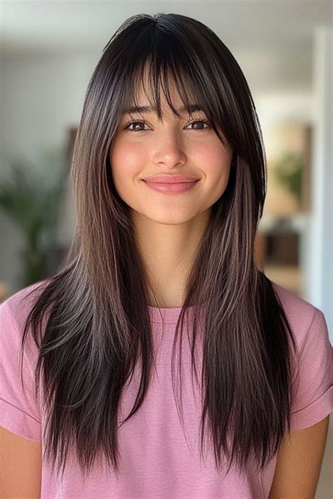 Trendy Long Straight Haircuts To Try Now Brunette Soft Layers With Subtle Bangs