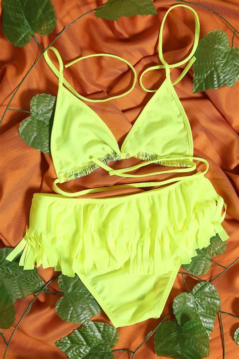 Neon Sarı Kız Çocuk Etekli Bikini Takım tozlu