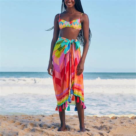 Rainbow Color Block Bikini Set Vibrant Beach Swimsuit Cover Up Women Fashion Fringe Swimwear