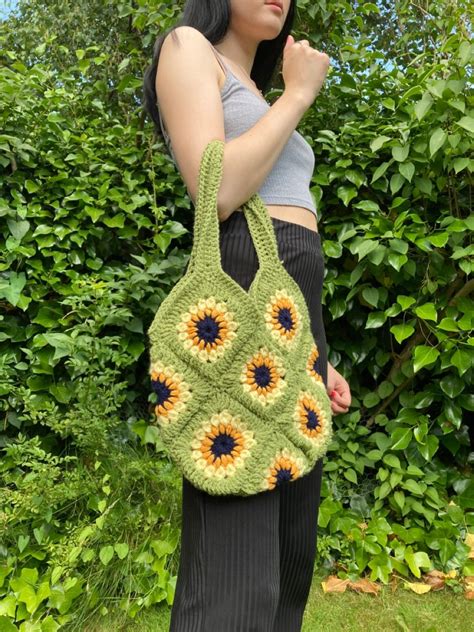 Green Handmade Sunflower Crochet Tote Bag Crochet Bag Pattern Knit