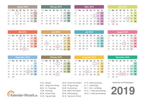 Kalender 2019 mit Feiertagen