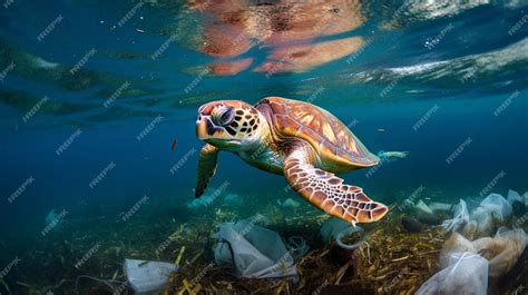 Premium Photo | Sea turtle in water surrounded by plastic rubbish ...