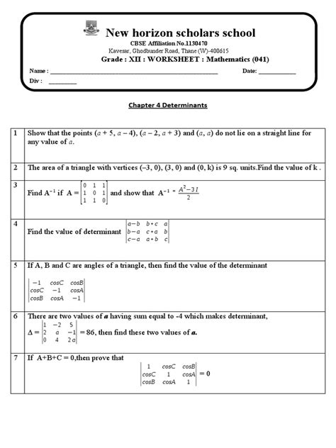 Ch 4 Determinants Worksheet 1 Pdf Algebra Matrix Theory