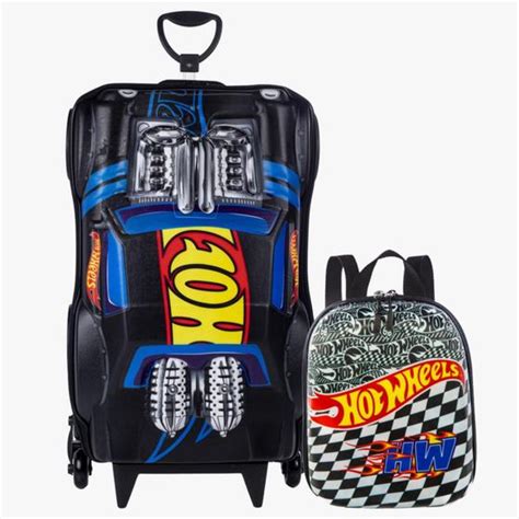 Kit Mochila Rodinha Tripla Lancheira Carros Hot Wheels 3D Escolar Viagem Maxtoy Mochila