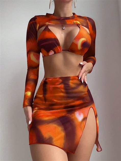 SHEIN Swim Y2GLAM Tie Dye Halter Triangle Bikini Swimsuit With Cover Up Set SHEIN USA