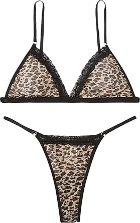 WDIRARA Women S Leopard Print Lace Trim Underwire Lingerie Set V Neck Bra And Thongs Amazon
