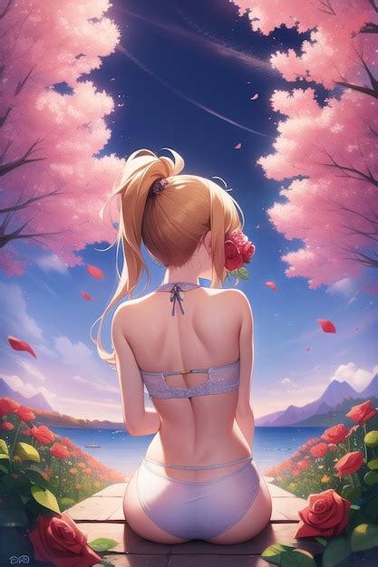 Premium AI Image A Girl In A Blue Bikini Is Standing In Front Of A Landscape With Flowers