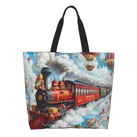 Hirioo Red Train Hot Air Balloon For Single Shoulder Shopping Bag Eco Friendly Tote With Large