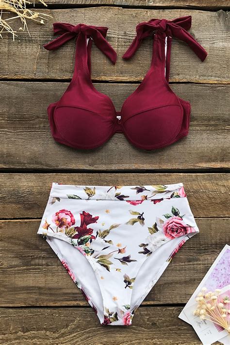 Romantic Red Floral High Waisted Bikini