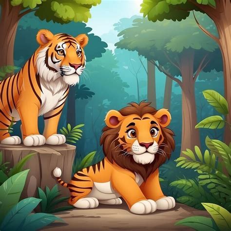 Premium Photo Cute Lion And Tiger Cartoon In The Forest