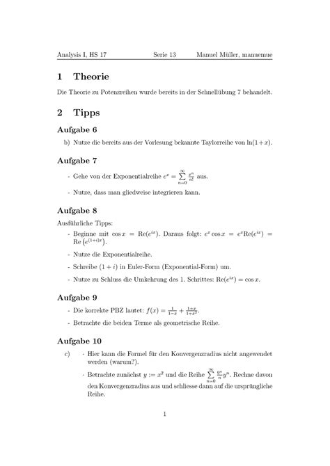 Serie 13 Vorlesungsnotizen 13 Analysis I HS 17 Serie 13 Manuel M