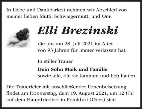 Traueranzeigen von Elli Brezinski Märkische Onlinezeitung Trauerportal