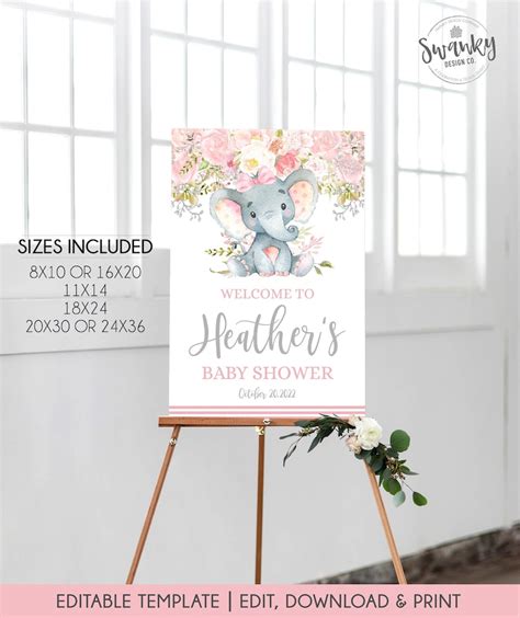 Editable Pink Floral Elephant Baby Shower Welcome Sign Etsy