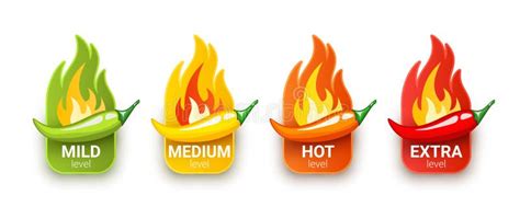 Set Of Badges With Chili Peppers And Fire Flames From Behind Mild Medium Hot And Extra Levels