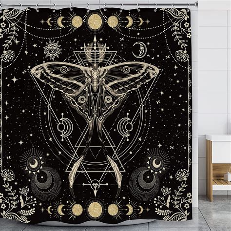 Black Gold Moth Shower Curtain Moon Phase Shower Curtain Goth Witch