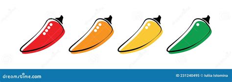 Spicy Hot Chili Pepper Icons Set With Flame And Rating Of Spicy Stock Vector Illustration Of