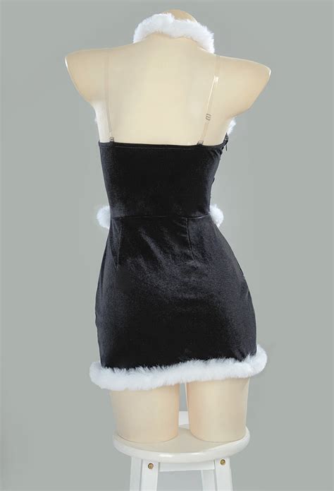 Women Gothic Black Sexy Lingerie Dress Set Dark Christmas Witch Style Furry Dress With Cloak