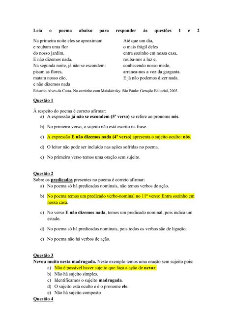 Leia o poema abaixo para responder às questões 1 e 2 Na primeira