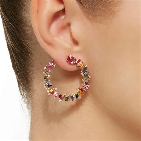 Sweet Rainbow Flower Hoop Earrings Colorful Baguette Bar Cubic Zircon