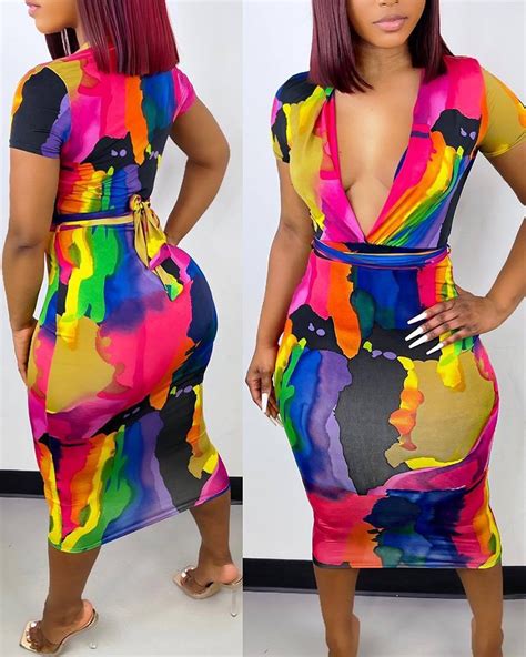 Tie Dye Print Plunge Tied Detail Bodycon Dress